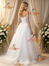 White Tulle Long Sleeve Pleats Wedding Dress