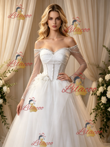 White Tulle Long Sleeve Pleats Wedding Dress