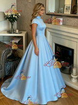 Blue Satin High Neck Cap Sleeve Prom Dress