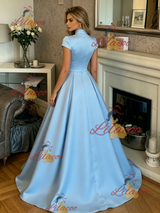 Blue Satin High Neck Cap Sleeve Prom Dress