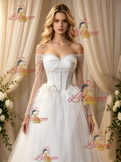 White Tulle Long Sleeve Pleats Wedding Dress