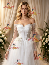 White Tulle Long Sleeve Pleats Wedding Dress