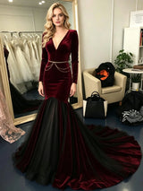 Burgundy Mermaid Velvet Long Sleeve Prom Dress