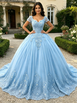 Blue Tulle V-neck Cap Sleeve Appliques Quinceanera Dress