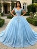 Blue Tulle V-neck Cap Sleeve Appliques Quinceanera Dress