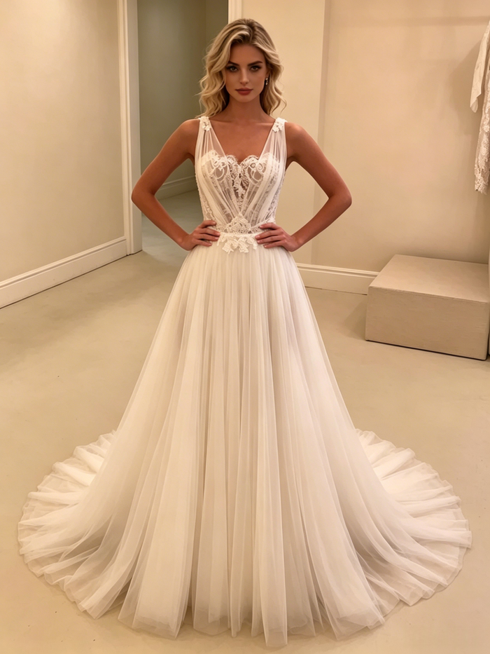 White Tulle Straps Wedding Dress