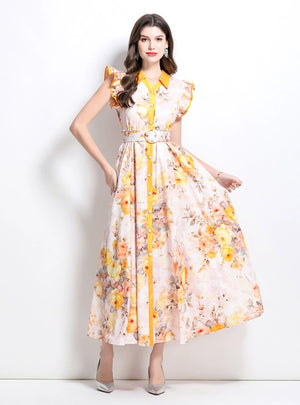 Retro Floral Ruffled Long Dress