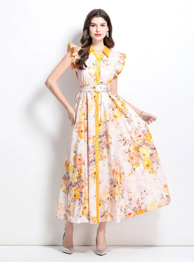 Retro Floral Ruffled Long Dress