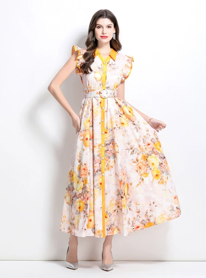 Retro Floral Ruffled Long Dress