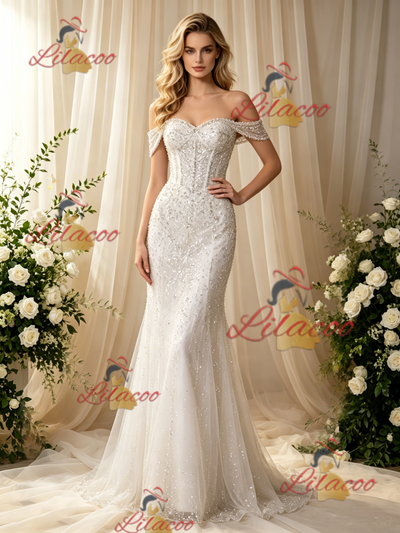 White Mermaid Sequins Beading Wedding Dress