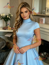 Blue Satin High Neck Cap Sleeve Prom Dress