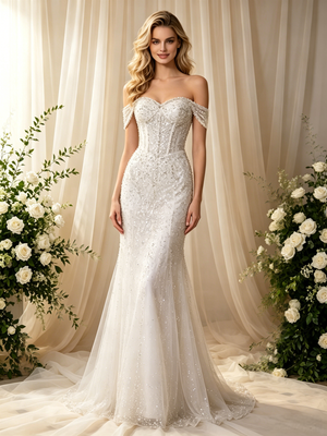 White Mermaid Sequins Beading Wedding Dress
