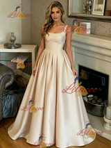 Champgne Satin Straps Prom Dress