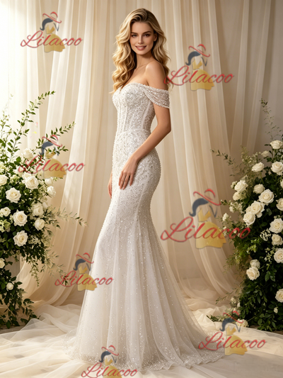 White Mermaid Sequins Beading Wedding Dress