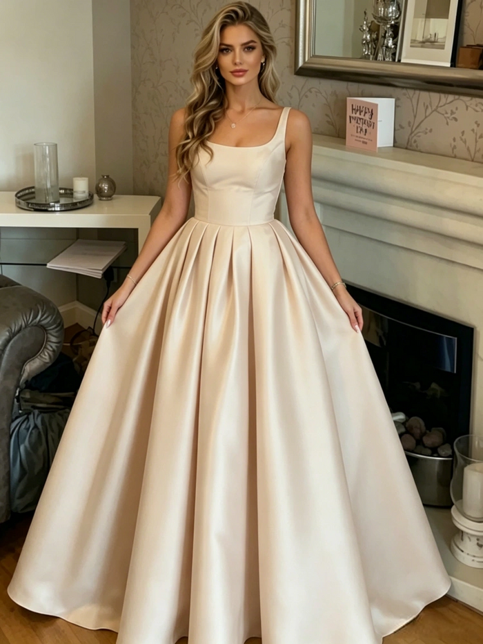 Champgne Satin Straps Prom Dress