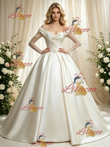 Ivory Satin Long Sleeve Flower Wedding Dress