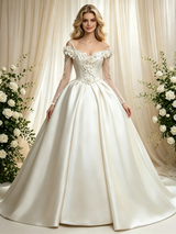 Ivory Satin Long Sleeve Flower Wedding Dress