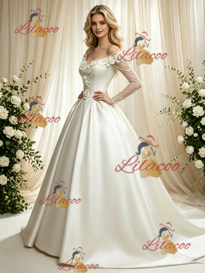 Ivory Satin Long Sleeve Flower Wedding Dress