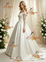 Ivory Satin Long Sleeve Flower Wedding Dress