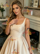 Champgne Satin Straps Prom Dress