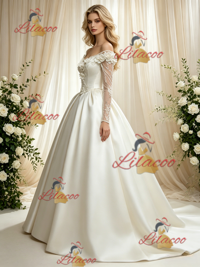 Ivory Satin Long Sleeve Flower Wedding Dress