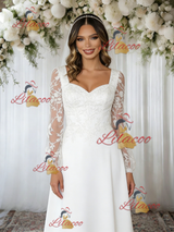 A-Line Square Neck Lace Long Sleeve Wedding Dress