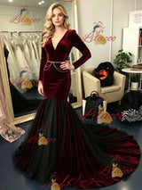 Burgundy Mermaid Velvet Long Sleeve Prom Dress