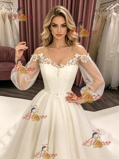 White Tulle Long Sleeve Wedding Dress