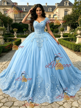 Blue Tulle V-neck Cap Sleeve Appliques Quinceanera Dress