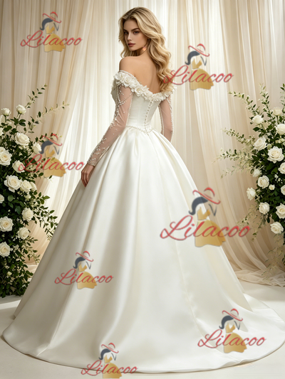 Ivory Satin Long Sleeve Flower Wedding Dress