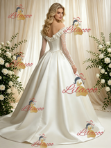Ivory Satin Long Sleeve Flower Wedding Dress