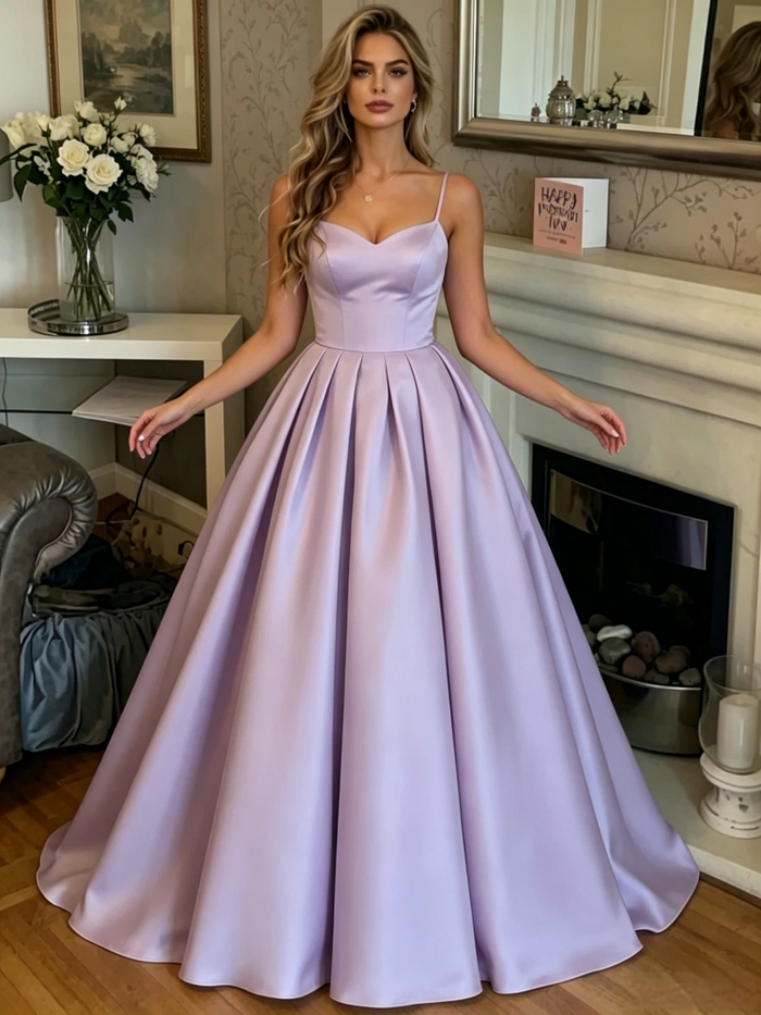 Purple Satin Spaghetti Straps Prom Dress