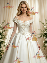 Ivory Satin Long Sleeve Flower Wedding Dress