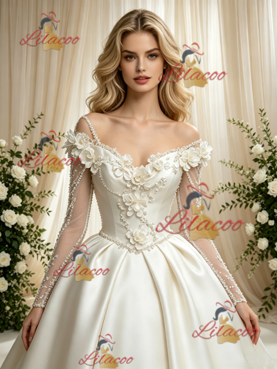 Ivory Satin Long Sleeve Flower Wedding Dress