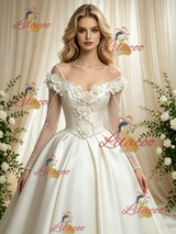 Ivory Satin Long Sleeve Flower Wedding Dress