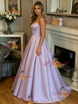 Purple Satin Spaghetti Straps Prom Dress