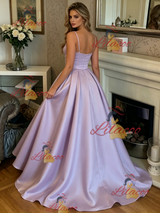 Purple Satin Spaghetti Straps Prom Dress