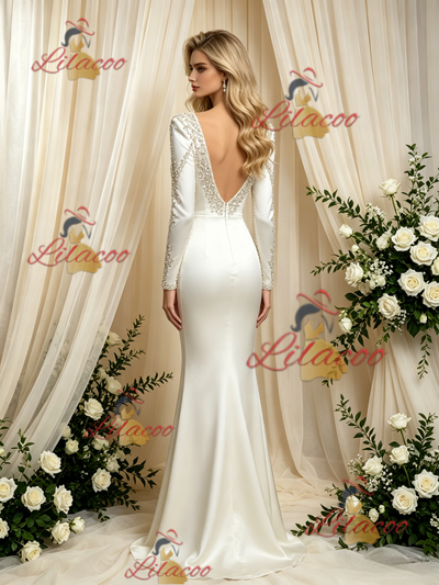 Ivory Mermaid Satin Long Sleeve Wedding Dress