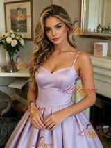 Purple Satin Spaghetti Straps Prom Dress