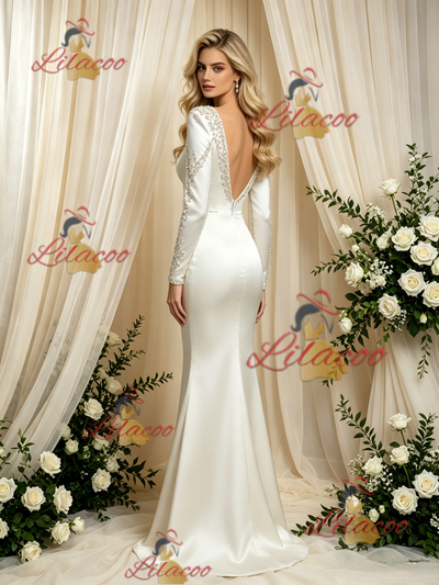 Ivory Mermaid Satin Long Sleeve Wedding Dress