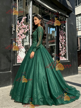 Green V-neck Long Sleeve Appliques Quinceanera Dress