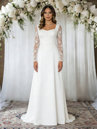 A-Line Square Neck Lace Long Sleeve Wedding Dress