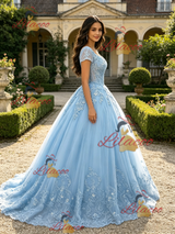 Blue Tulle V-neck Cap Sleeve Appliques Quinceanera Dress