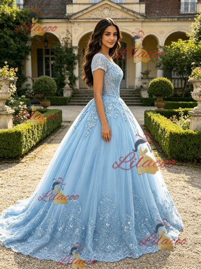 Blue Tulle V-neck Cap Sleeve Appliques Quinceanera Dress