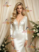 Ivory Mermaid Satin Long Sleeve Wedding Dress