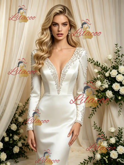 Ivory Mermaid Satin Long Sleeve Wedding Dress