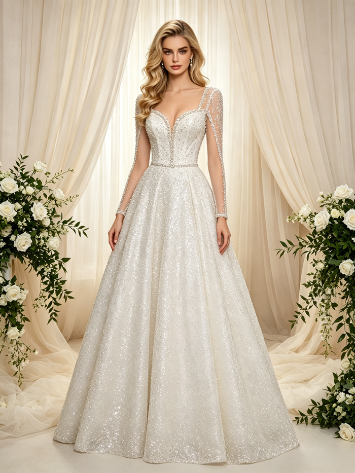 Long Sleeve Sequins Beading Wedding Dress