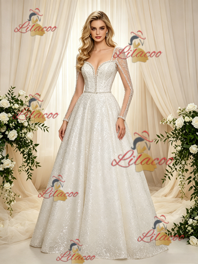 Long Sleeve Sequins Beading Wedding Dress