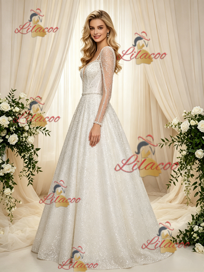 Long Sleeve Sequins Beading Wedding Dress