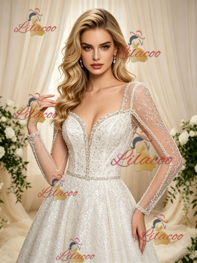 Long Sleeve Sequins Beading Wedding Dress
